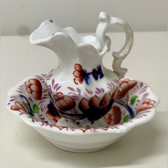 19th Century Antique Gaudy Welsh Grape Pattern Miniature Jug Pitcher & Bowl - Picture 6 of 16